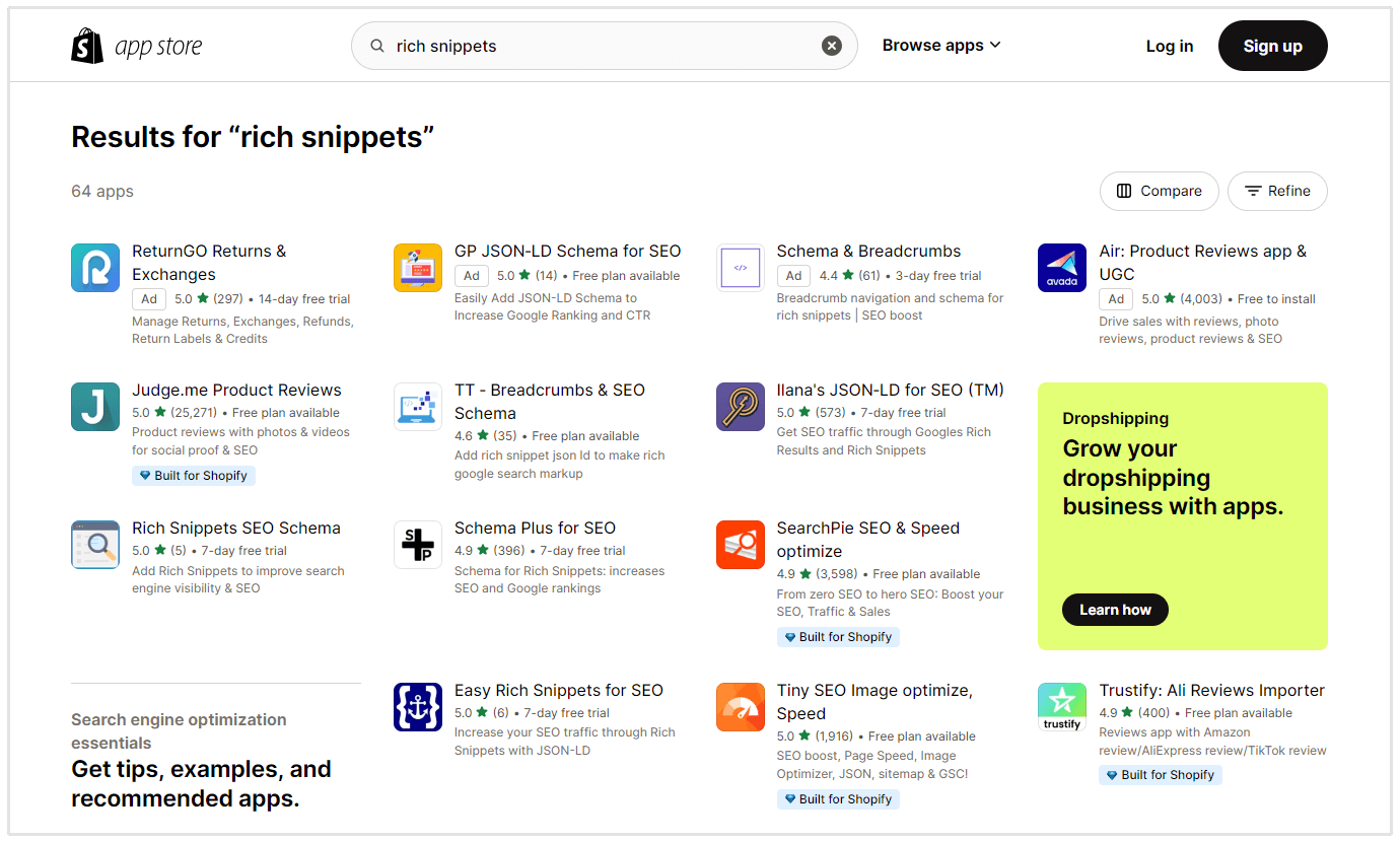Shopify zengin snippet'leri uygulama pazar yeri